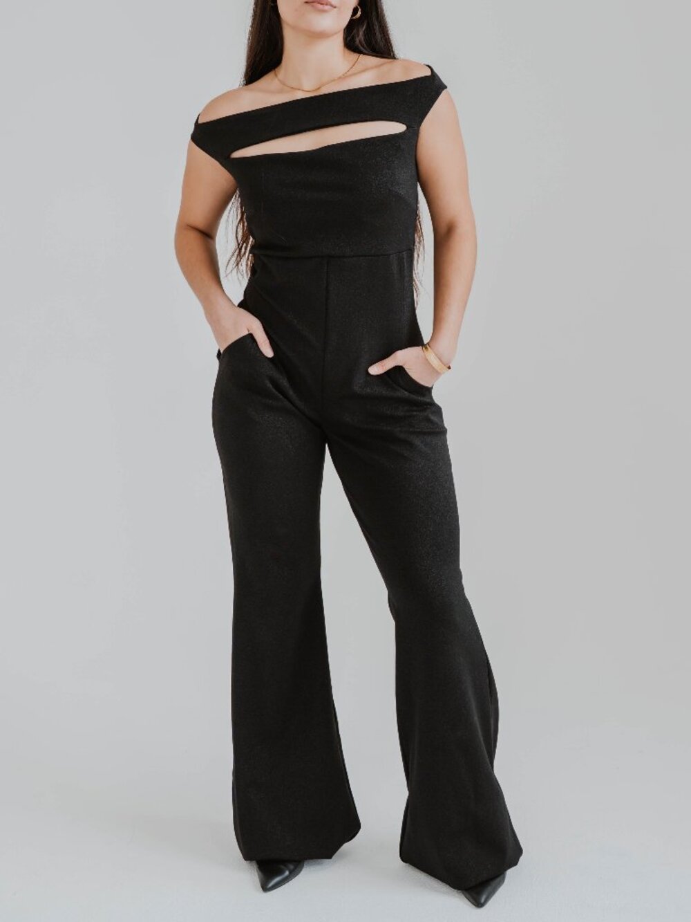 NWT CHIARA BONI LA PETITE ROBE BLACK SPARKLY REBECCA CUT OUT JUMPSUIT